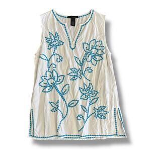 Grace Elements White Blue Embroidered Linen Blend Tunic Top L Classic‎ Coastal